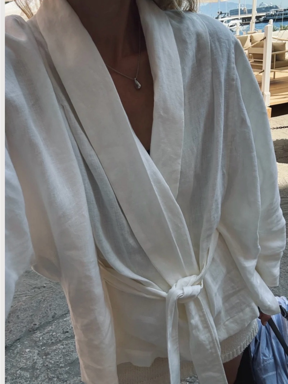 Commense White Linen Tie-Waist Wrap Robe Top